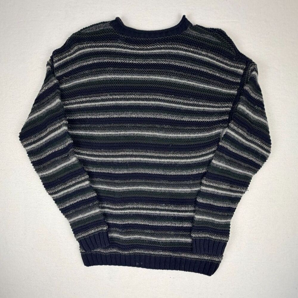 Perry Ellis Striped Knit Crewneck Sweater Men's M Navy Green Gray - Picture 3 of 6